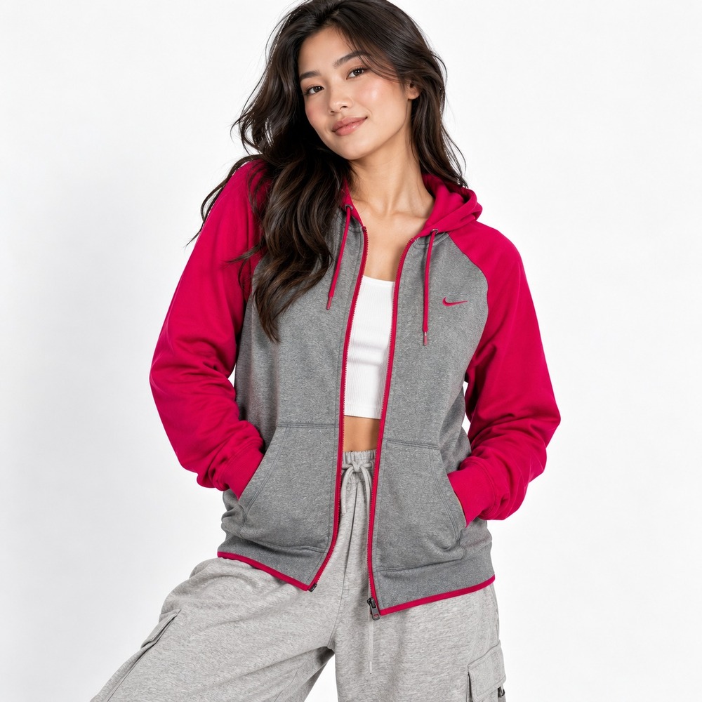 Nike Therma Fit Full Zip Women's Hoodie Athletic Gray Pink Streetwear Size Large